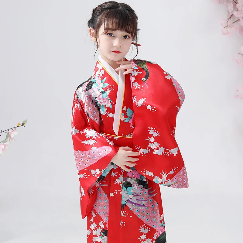 Kids Japanese Style Kimono 8 Color Girls Floral Printing Bow Belt Slim Thin Soft Yukata Boys Samurai Style Cardigan Kimono Sets