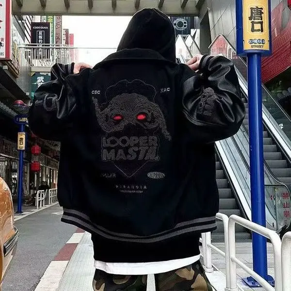 

Embroidery Faux Leather Men's Baseball Jacket, Hip Hop Spring Autumn Patchwork Bomber Jackets For Man, Heavyweight Women Coat