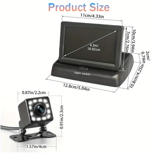 Imagen 2 del producto Sistema de cámara de marcha atrás para coche, pantalla plegable de 4,3 pulgadas con 12 luces LED, kit de cámara de visión nocturna, adecuado para 12V