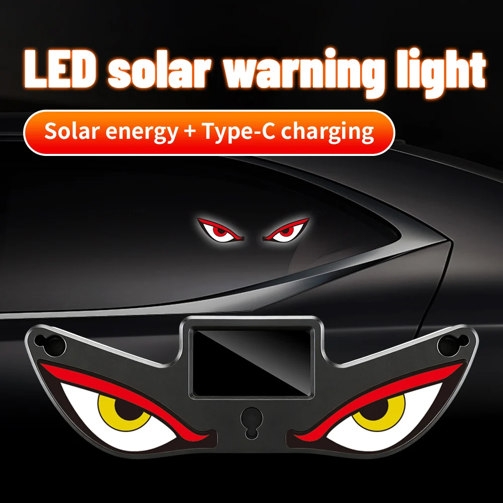 Car LED Evil Eye Display, Solar Powered Dynamic Anti-Collision Rear Window Sign with Vibration Sensor, USB Rechargeable