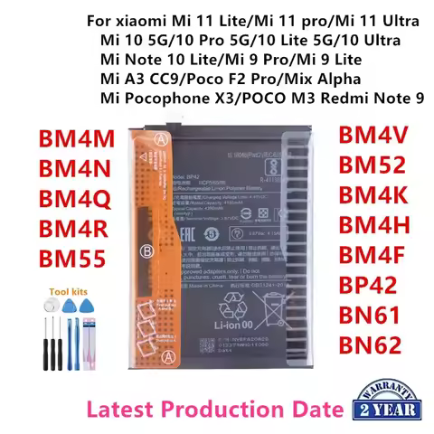 100% Orginal BM4M BM4N BM4Q BM4R BM55 BM4V BM52 BM4K BM4H BM4F BP42 BN61 BN62 Battery For Xiaomi Mi 11 Lite/11 Pro/11 Ultra