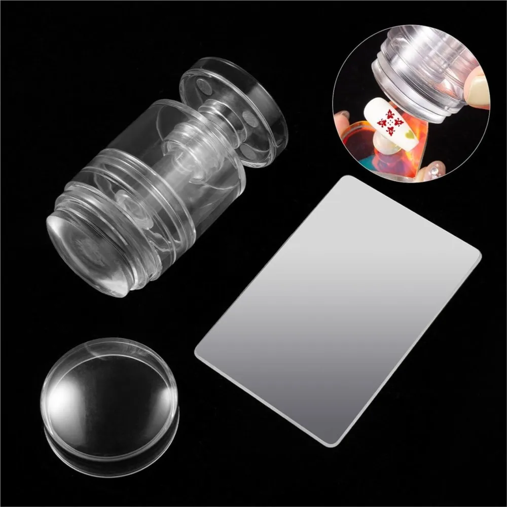 Rotatable Stamper Kit French Tip Nail Art Stamper with Adjustable Pattern Size DIY Clear Silicone Stamping Manicure Salon Tool
