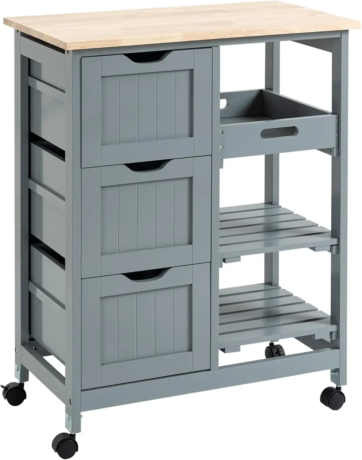 Rolling Kitchen Island Cart, Bar Serving Cart, Compact Trolley on Wheels with Wood Top, Shelves and Drawers