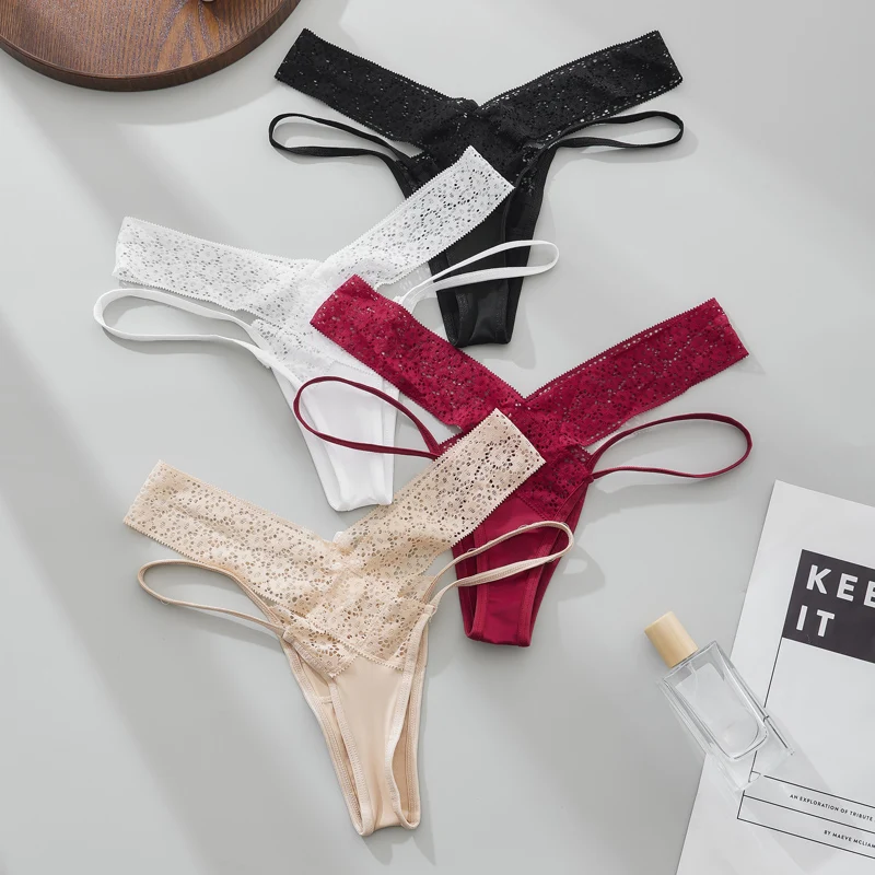 4PCS Lace Panties Sexy Women's Openwork Cross-Strap Low-Rise Thong Set Women's Underwear