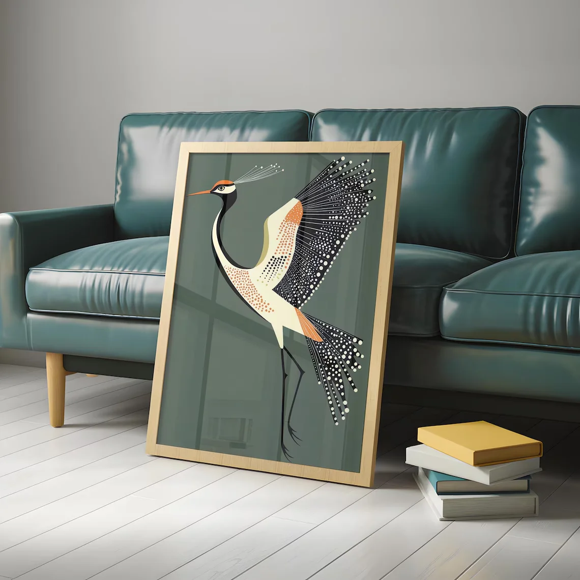 Grou Voador Elegante, Arte de Parede Art Déco, Decoração Retro Moderna de Meio Século, Decoração para Amantes de Pássaros, Arte de Parede Vintage Japa