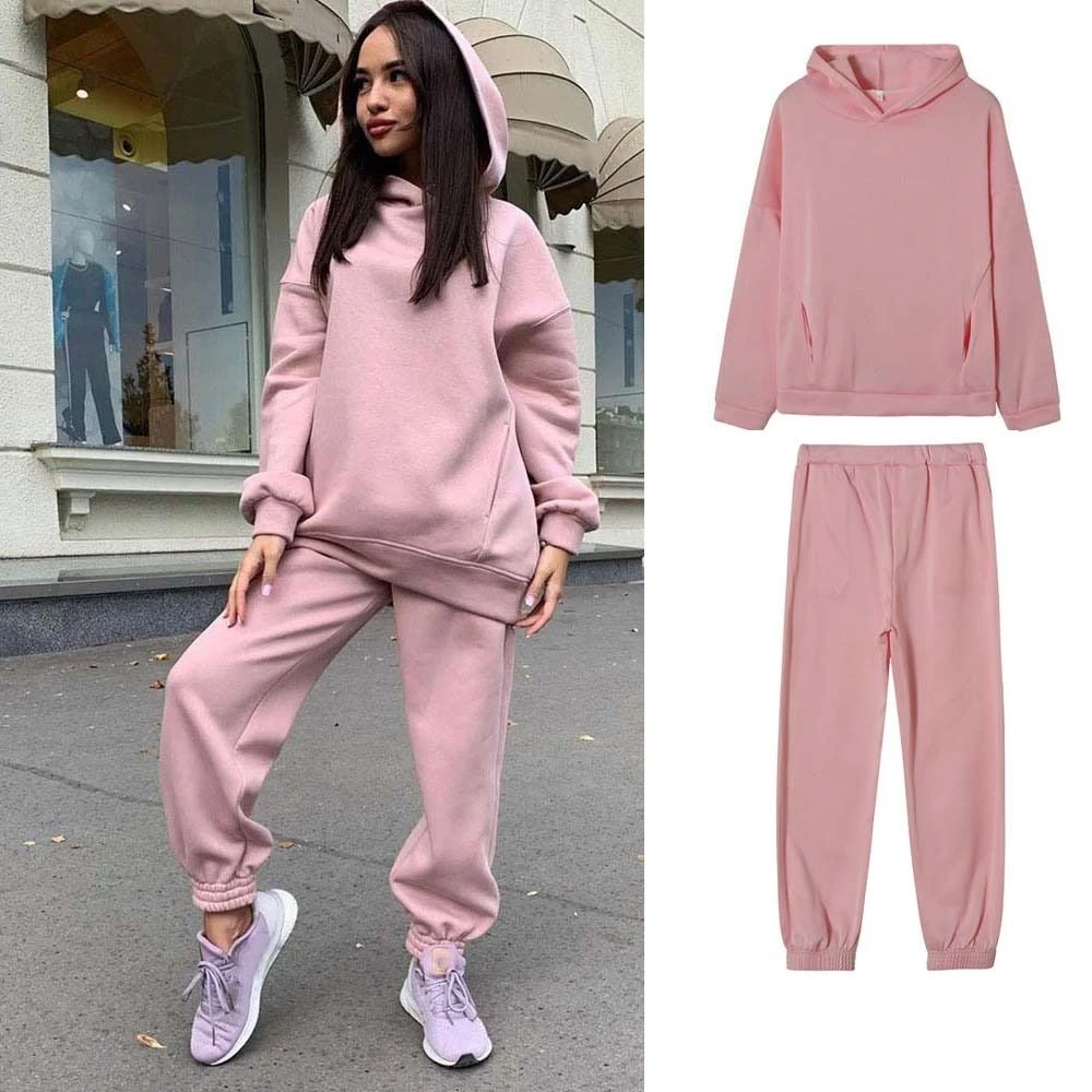 Long Sleeve Jogging Pants Outfits 2Piece Sets Big Hat Hoodie Pants Sweatshirt Thicked Streetwear Velvet Running Sets Girl