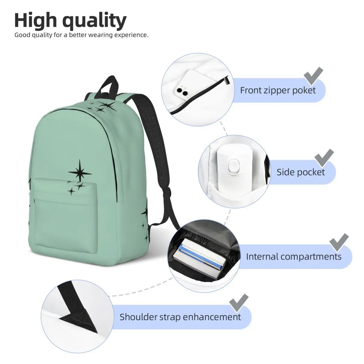 Atomic Age Retro Starburst In Mint Green And Black Student Backpack School Bag Hiking Travel Daypack for Shoulder Bags