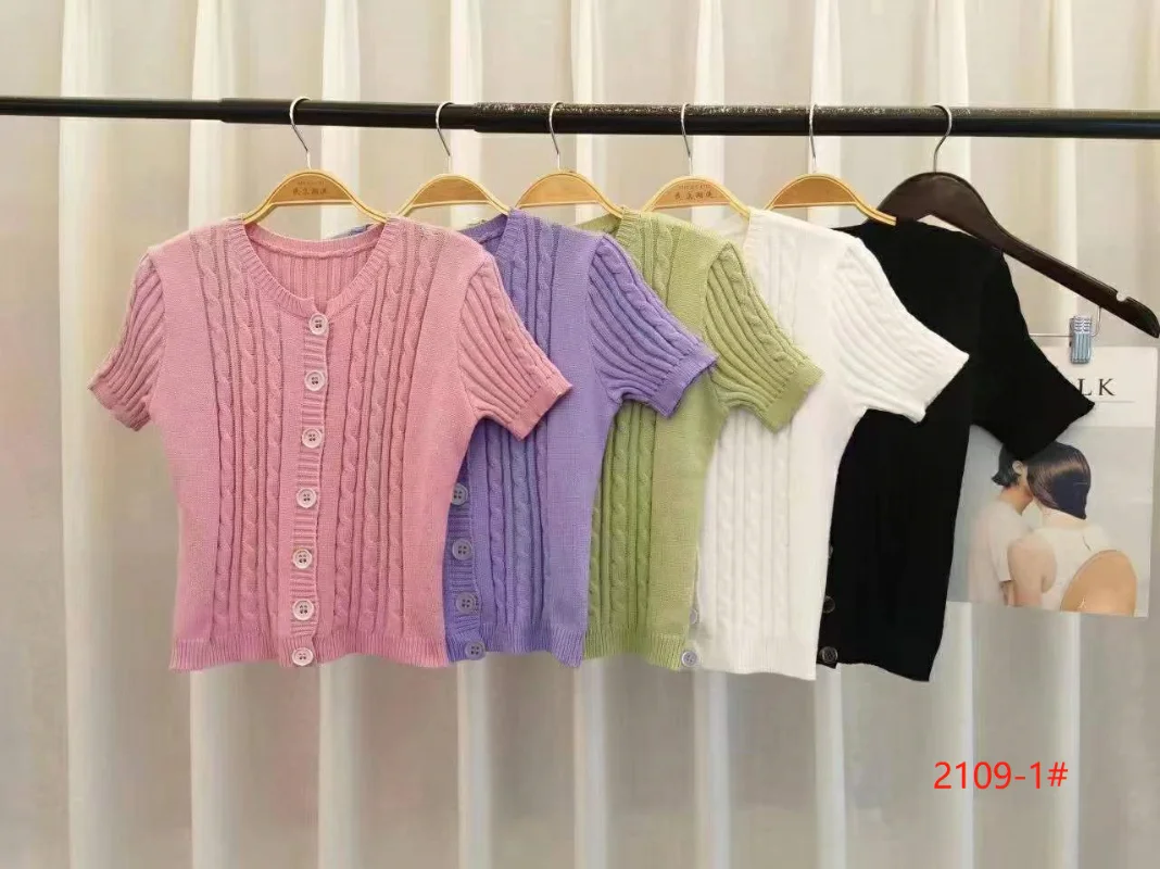 Knitted Sweater Sueters Mujer Green Short Sleeve Cropped Cardigan Vintage Slim Tops  Twists Sweaters Women Y2k Clothes