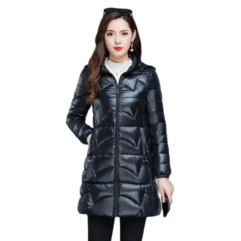 

Lightweight Down Women's Shiny 2023 New Korean Version Large Size Cotton Mid-length Slim Hooded Cotton Wome