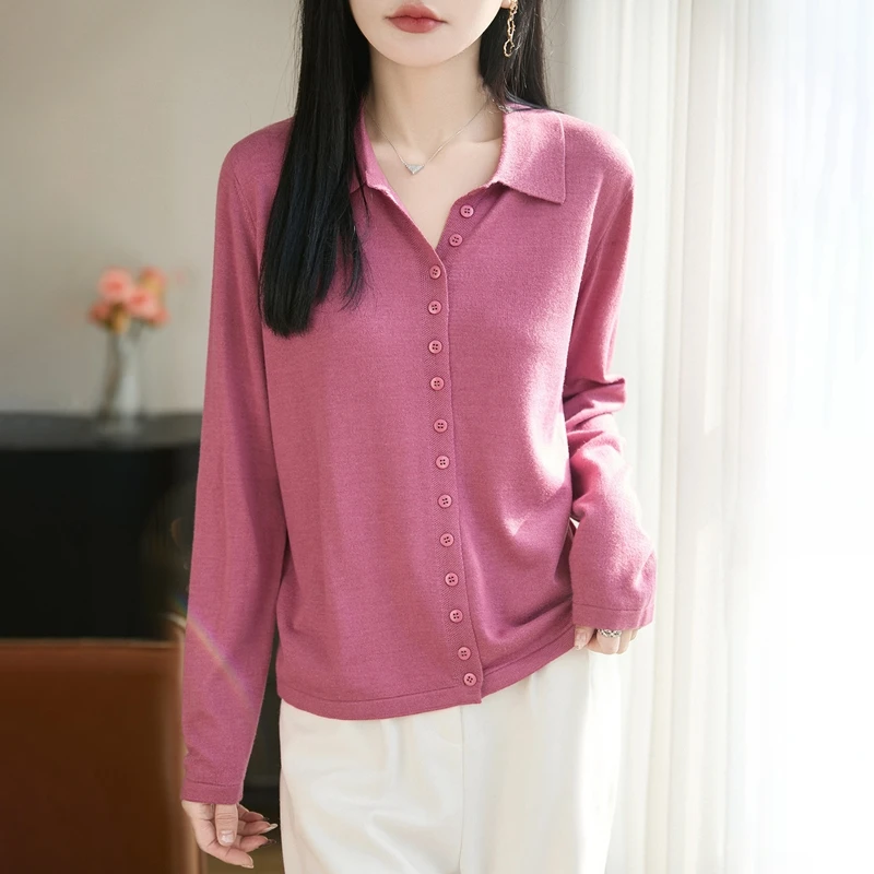 

Korean version lapel wool knitted cardigan women's polo collar long sleeved casual sweater top spring new style