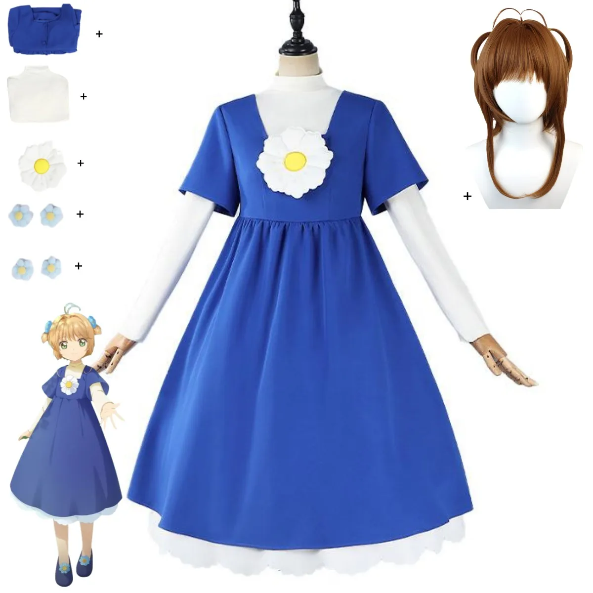 

Anime Cardcaptor Sakura Kinomoto Sakura Cosplay Costume Blue Short Sleeves Long Dress Headwear Wig Woman Kawaii Daily Suit