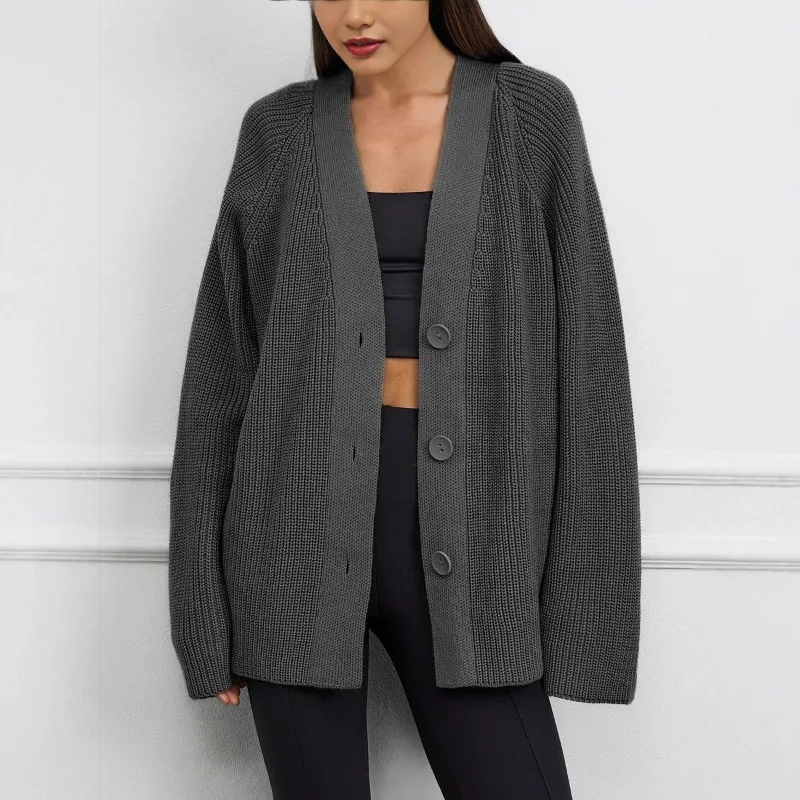 American Fashion V-neck Single Breasted Solid Color Sweater Loose Plus Size Knitted Cardigan Jacket Female Clothing
