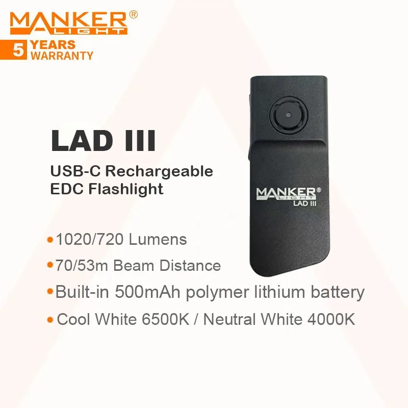 Mankerlight LAD MK III (الإصدار الأسود) مصباح يدوي EDC مدمج بمنفذ شحن USB-C 1020 لومن 70 متر شعاع رمي