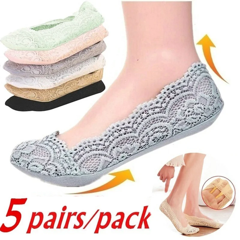 5pair/pack Boat Socks Girls Cotton Invisible Anti-slip Ankle Socks No Slip Woman No Show Socks Non-slip Women Girls Lace