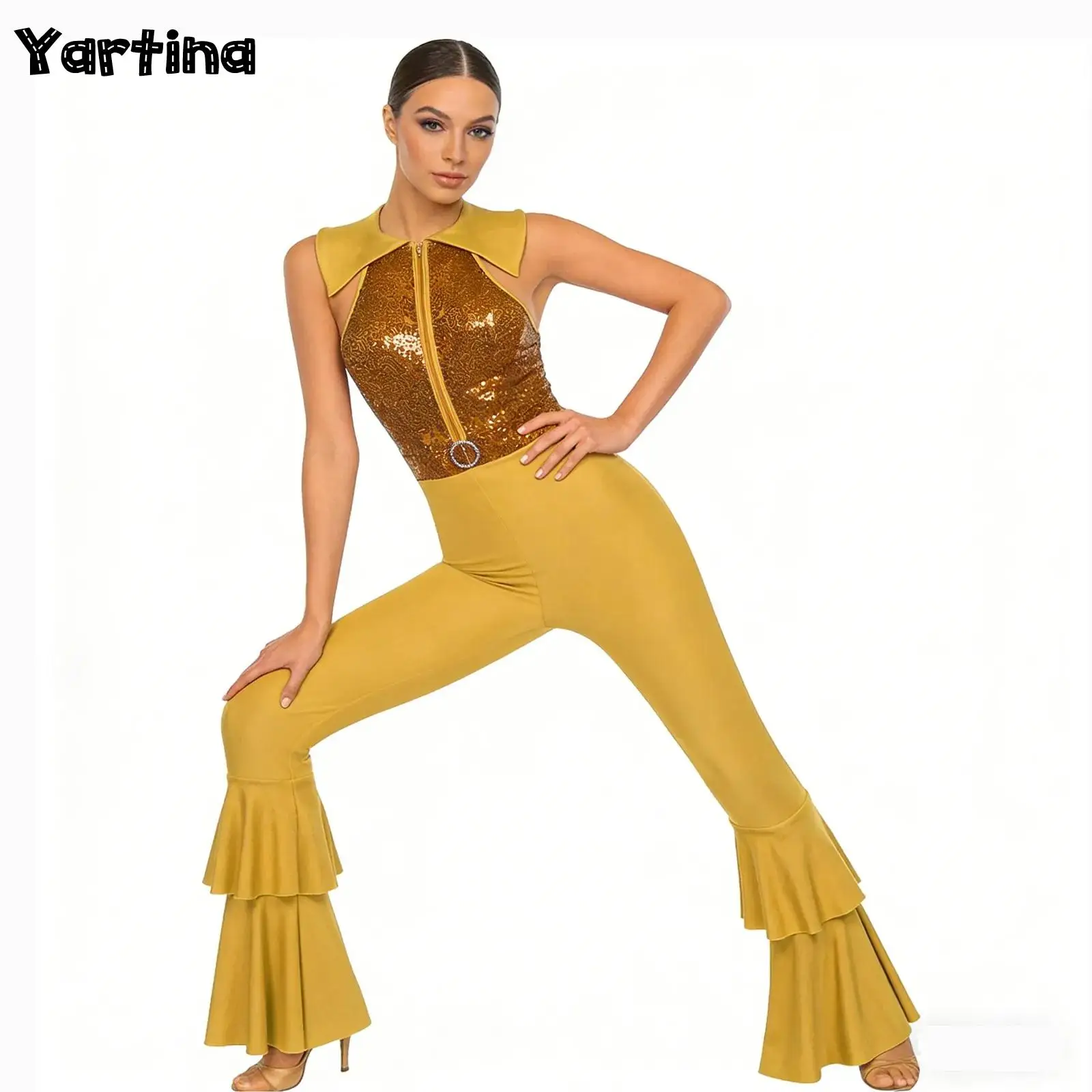 

Womens Shiny Sequins Vintage Jumpsuit Disco Jazz Dance Performance Costume Zipper Rhinestone O-Ring Front Tiered Bell-Bottom