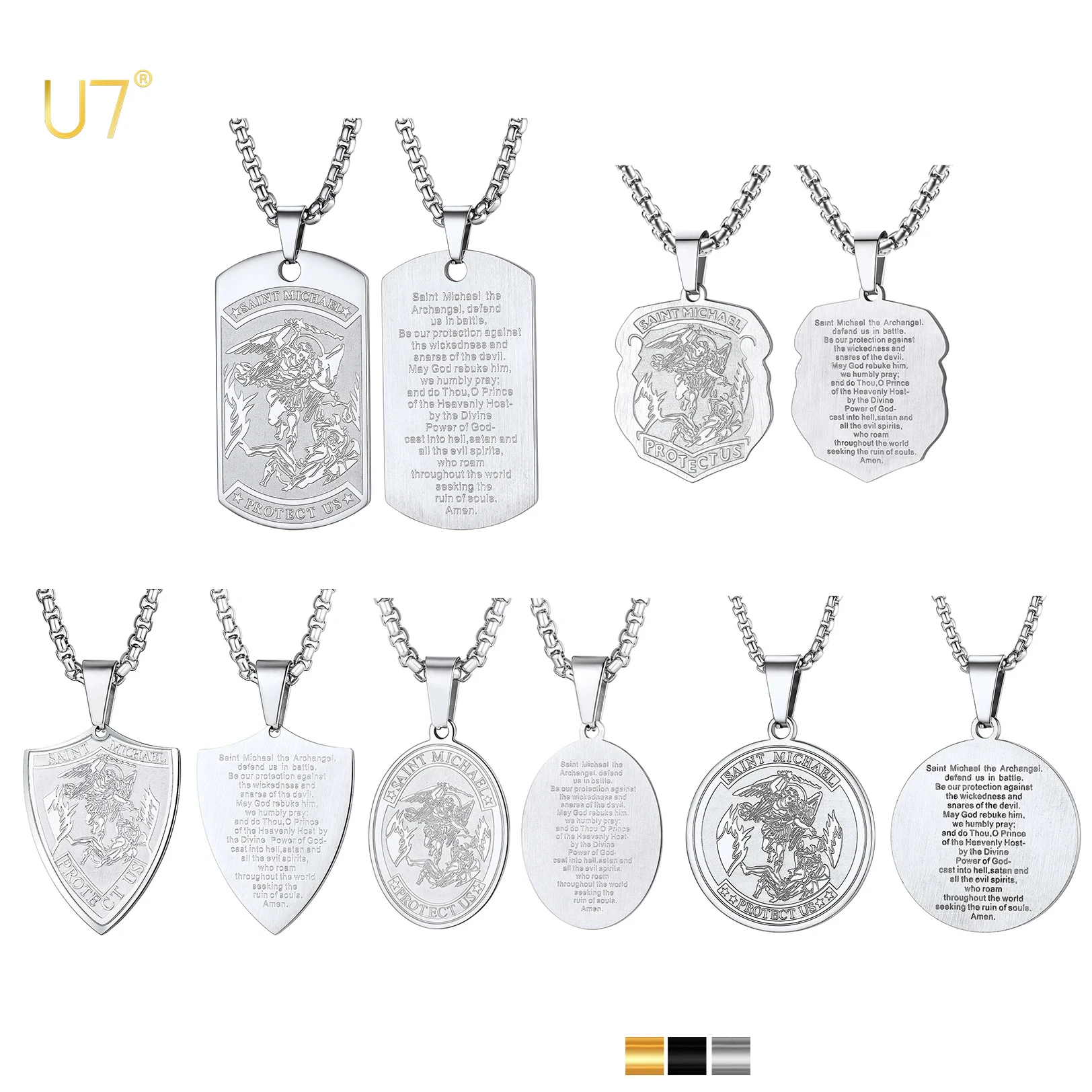 U7 Stainless Steel Oval Round Shield Pendant St. Michael Necklace Saint Biblical Archangel Bible Verse Protection Amulet Jewelry