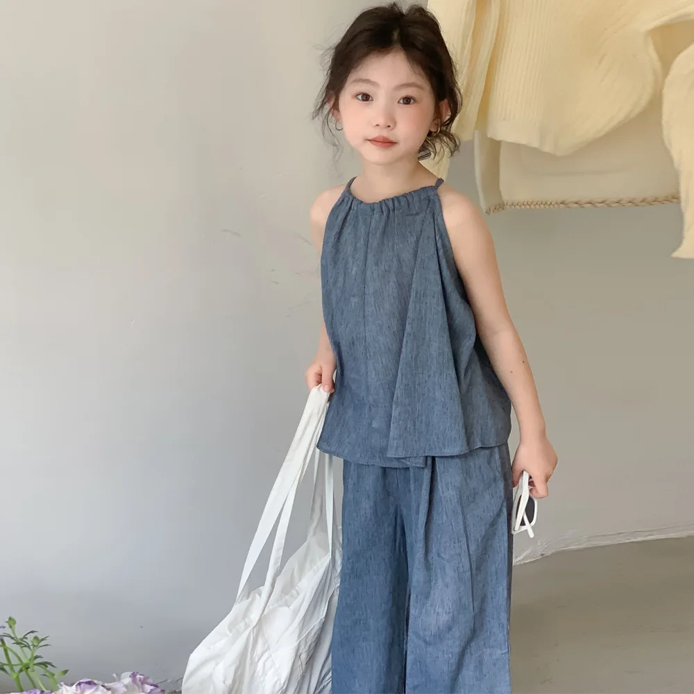 

Baby Girl Summer Set Solid Color Denim Suspender Top+long Pants Suspender Girl's Cool Two-piece Set for 2-10 Years Old