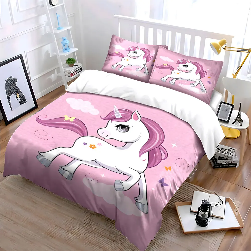 Cute unicorn with pink background Bedding Set for Kids Luxury Gift 3pcs Digital Print Comforter Set Soft Comfortable Breathable