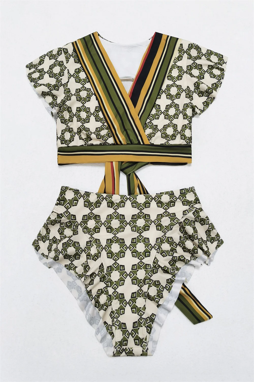 Swimsuit Bikini Set Triangular Ruffled Backless Bandage Patchwork Women's Swimwear Bathing Suit Two Pieces Swim Set