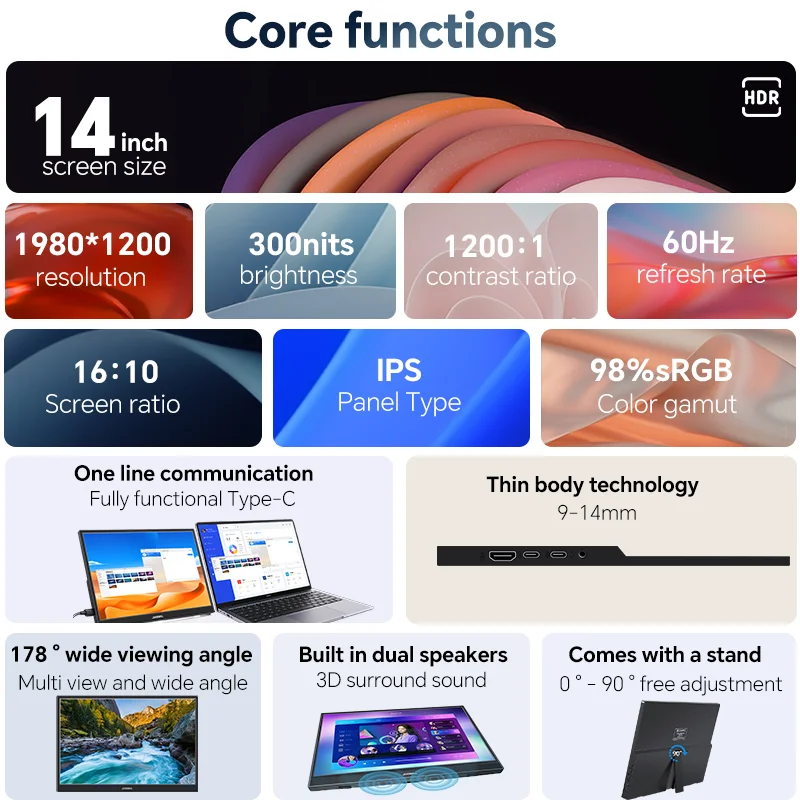JOHNWILL-14 inch portable monitor, 1200P, HDR, 16:10, with stand,Xbox low blue light, PS4/5, switch, phone, PC, Loptop extension