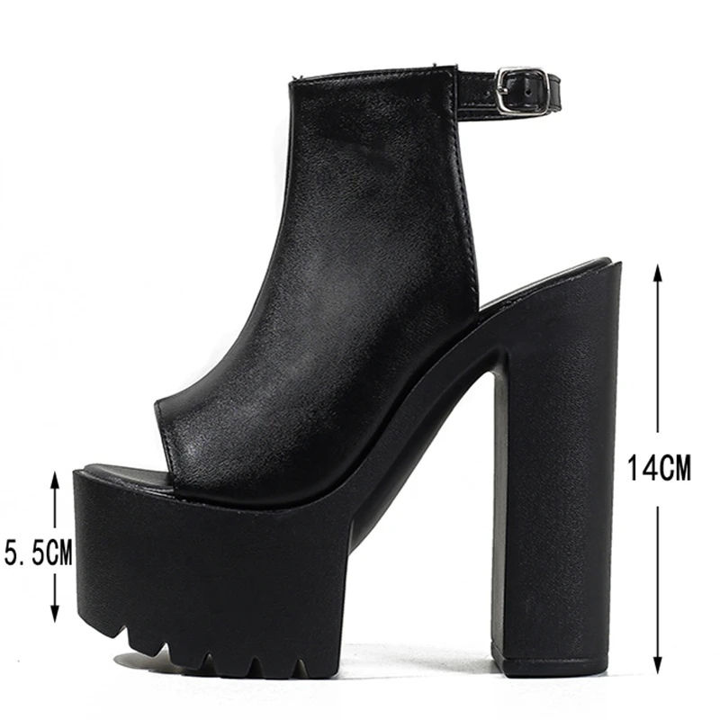 Eilyken Black Peep Toe Chunky Heels Platform Sandals For Women Summer Square Heel Fashion Casual Back Strap Club Shoes