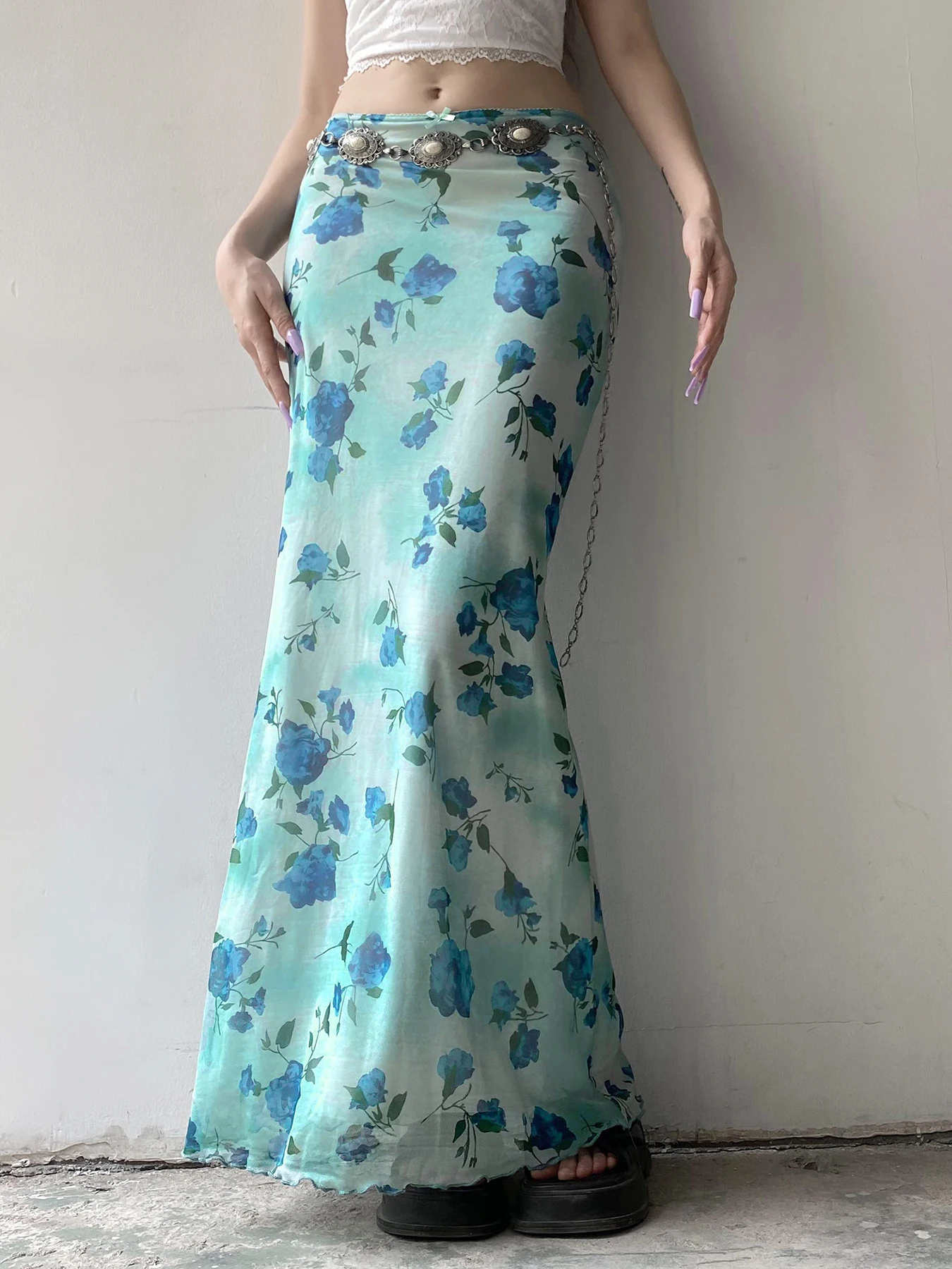 Rockmore Floral Print Bow Front Lettuce Trim Long Mermaid Skirt for Party Holiday Wedding Guest Elegant High Waist Bodycon Skirt