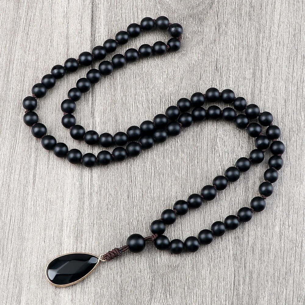 Drop Pendant Men Necklace Handmade Knotted 8mm Shiny Matte Black Onyx Beads Necklace Rosary Women Yoga Meditation Jewelry Gifts