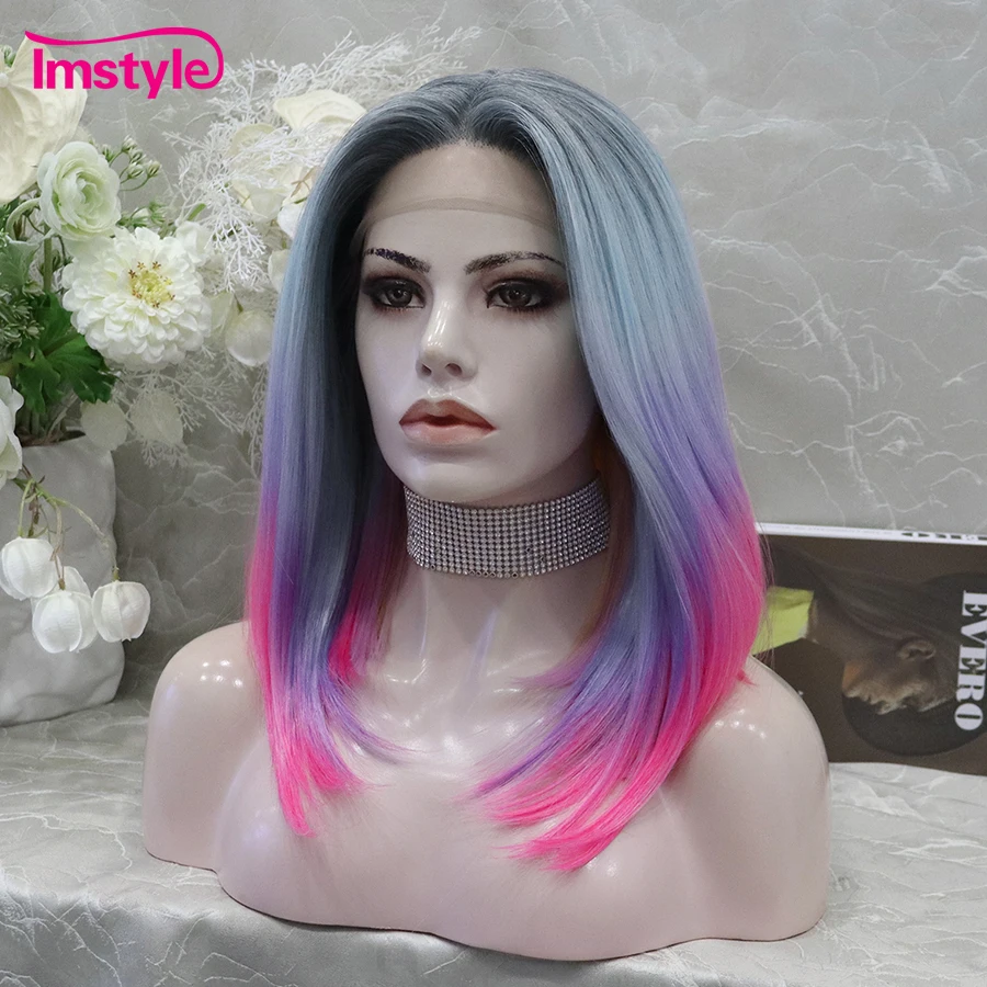 Imstyle-Perruque Lace Front Synthétique Lisse et Colorée, Postiche de Cosplay en Fibre, Bleu Pueple Rose Ombré, Degré de Chaleur