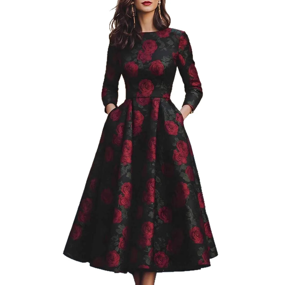 فستان أمريكي ريترو مطبوع عليه زهور للنساء أنيق للحفلات والنوادي وحفلات الزفاف على شكل حرف A فستان متوسط الطول بأكمام طويلة ورقبة دائرية #5
