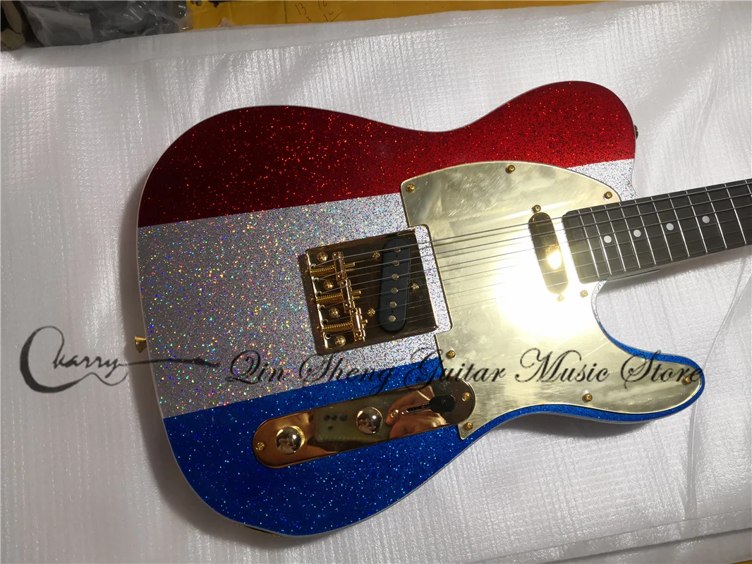 custom  6 string electric guitar,tel guitar red sliver blue flash powder particles body,gold bridge,gold pickgurad