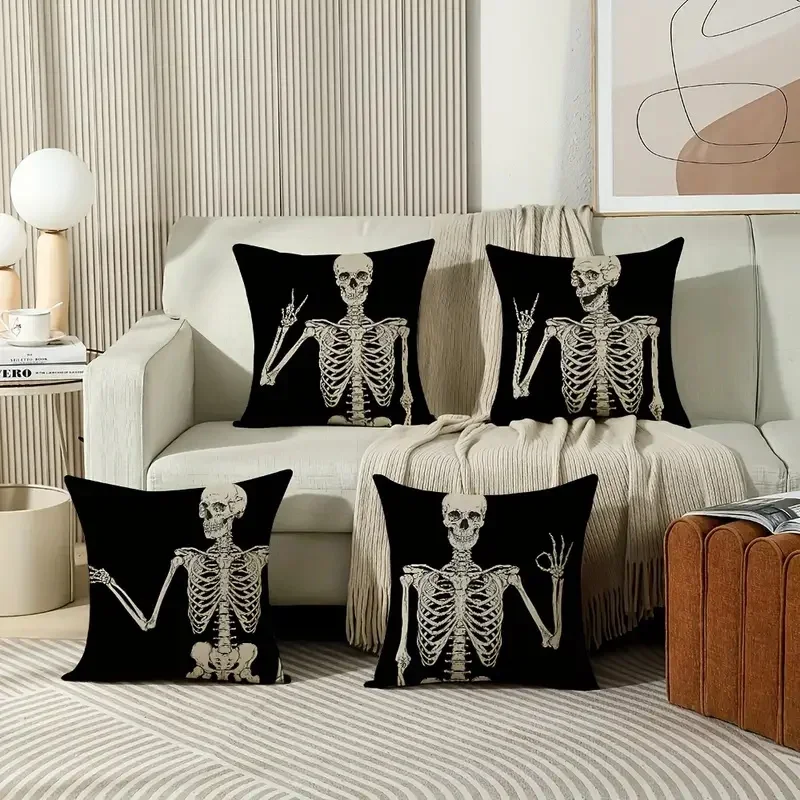Funda de almohada de calavera escalofriante, decoración gotica de Halloween para sala de estar, sofá, coche, funda de cojín y