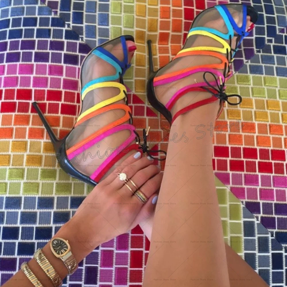 

Mixed Color Lace up Hollow Out Sandals Open Toe Thin High Heels High Heel Shoes for Women Heels 2025 New Zapatos Para Mujer