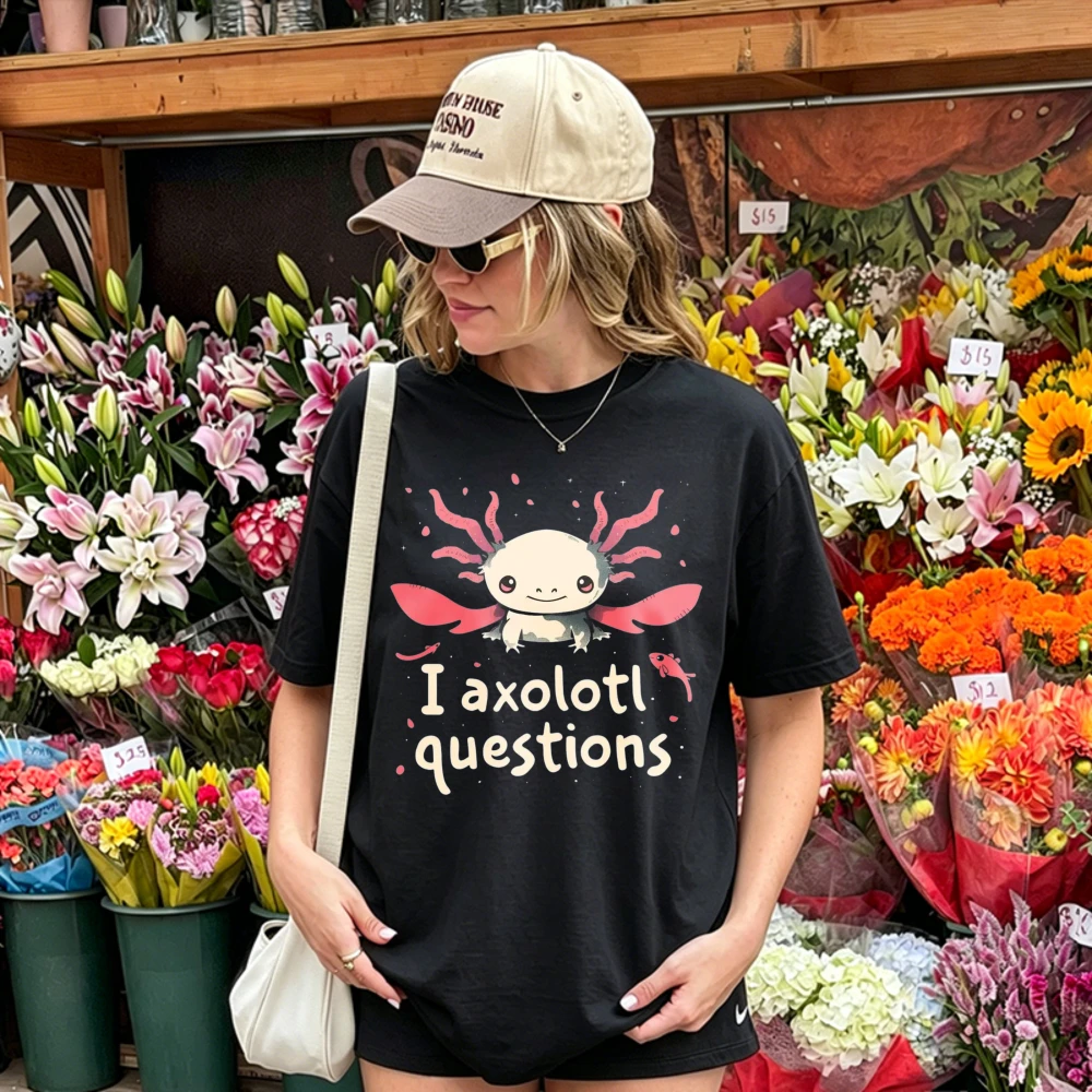 I Axolotl Questions Cute Pink Winged Axolotl Little Fish Sparkle Doodle Print T Shirt Cotton Tee Funny Amphibian Pun Casual Tops