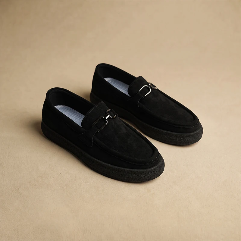 Spring and Autumn New Men's Loafers with Suede Horsebit Buckle, Thick-Soled Height-Increasing Slip-On Soft-Soled Casual Leather Shoes, Old Money Style Retro Business Versatile Trendy Shoes