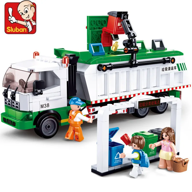 Sluban 432PCS Urban Sim City Garbage Truck Classification Sanitation Assembled Figures Building Blocks Constructor Toys B0780