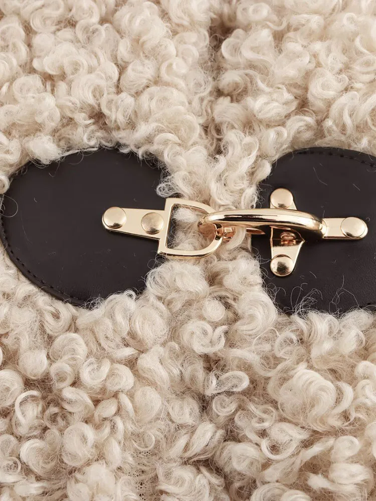 2025 women's clothing design knot buckle fleece warm long sleeves soft waxy lambskin lazy style short coat