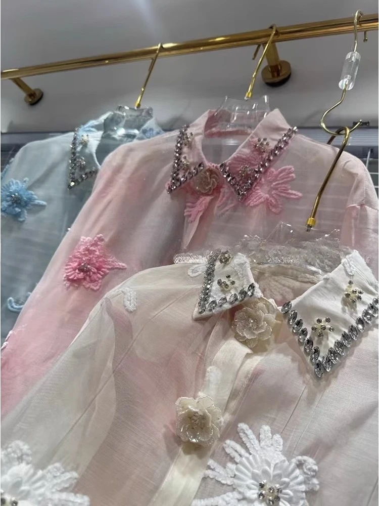 Fashion Diamond-encrusted Flower Thin Shirts Women's 2025 Summer New Loose Comfort Shirts Feminine Long-sleeve Sunscreen Tops