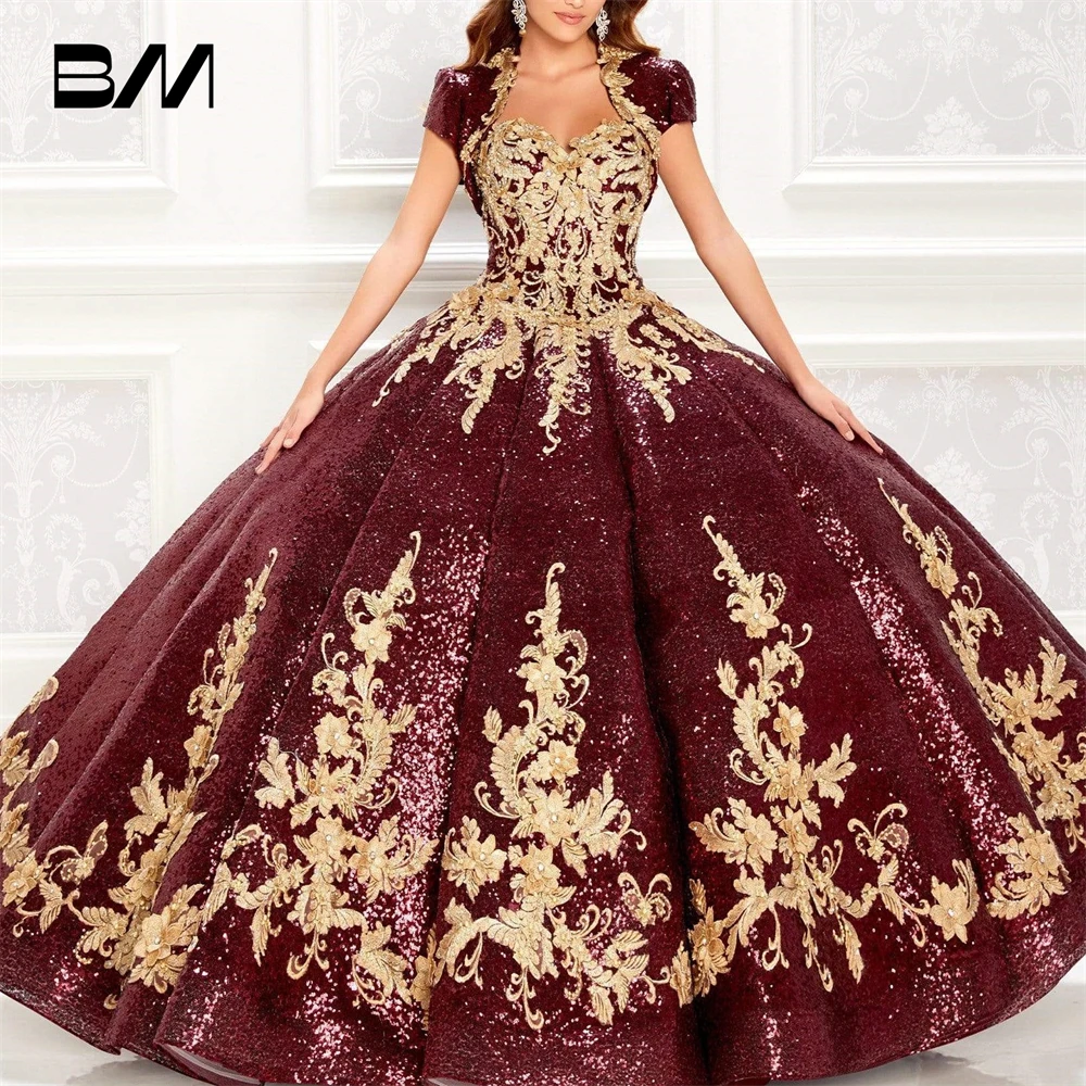 Vestidos De 15 Quinceañera Burgundy Quinceanera Dress 2024 With Gold Lace Cocktail Dresses Jacket Sleeves Vestidos De Baile