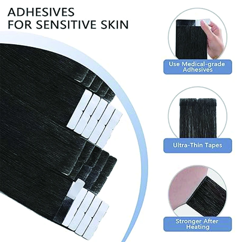 Extensiones de cabello con cinta adhesiva reutilizables Remy humano sin costuras piel weft ligero 20 piezas 30 g 16 20 pulgadas lacio para uso diario 4