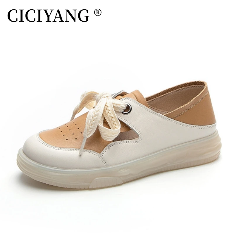 

CICIYANG Women Flats Shoes Hollow Genuine Cowhide Leather 2024 Spring Lace-up White Penny Shoe Ladies Soft Sole Loafers Handmade