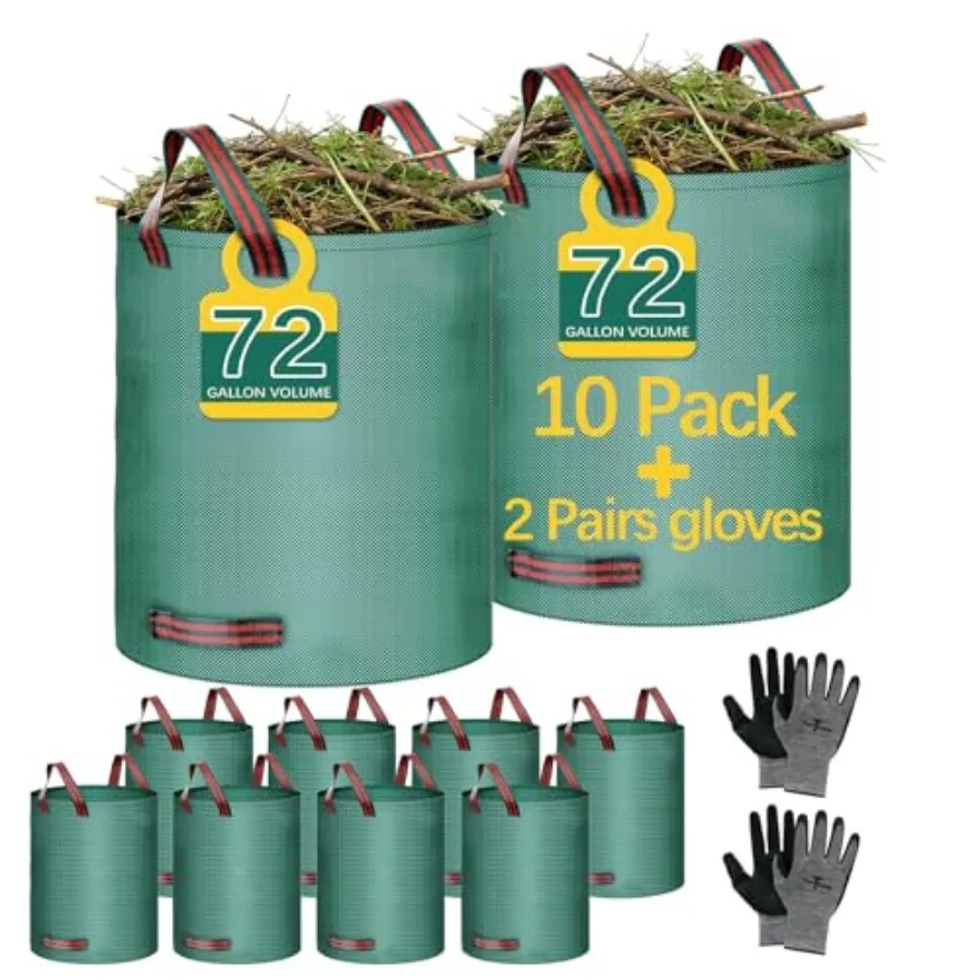 

10 Pack 72 Gallon leaf bags reusable yard waste bags lawn bags, 2 pairs of gardening gloves are included, Suitable for camping,