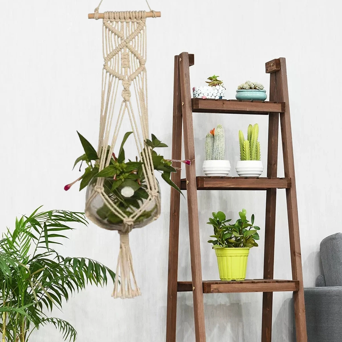 

Hanging Jute Rope Garden Planter Rack Vintage-Style Suspended Flower Pot Holder & Bracket for Garden Greenery Decor