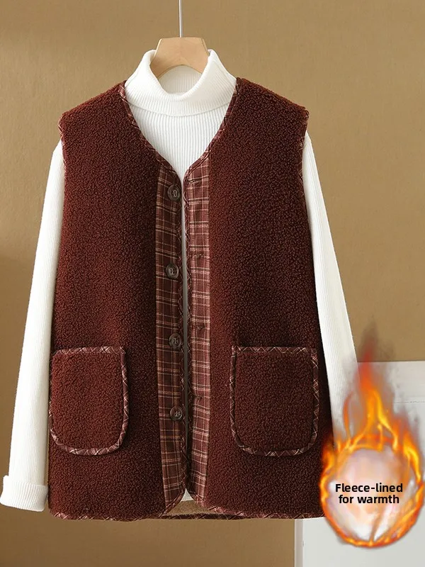 여성용 플리스 안감 체크 양털 조끼 루즈 슬림 다용도 가죽 퍼 통합 조끼 가을 겨울 신상 브이넥