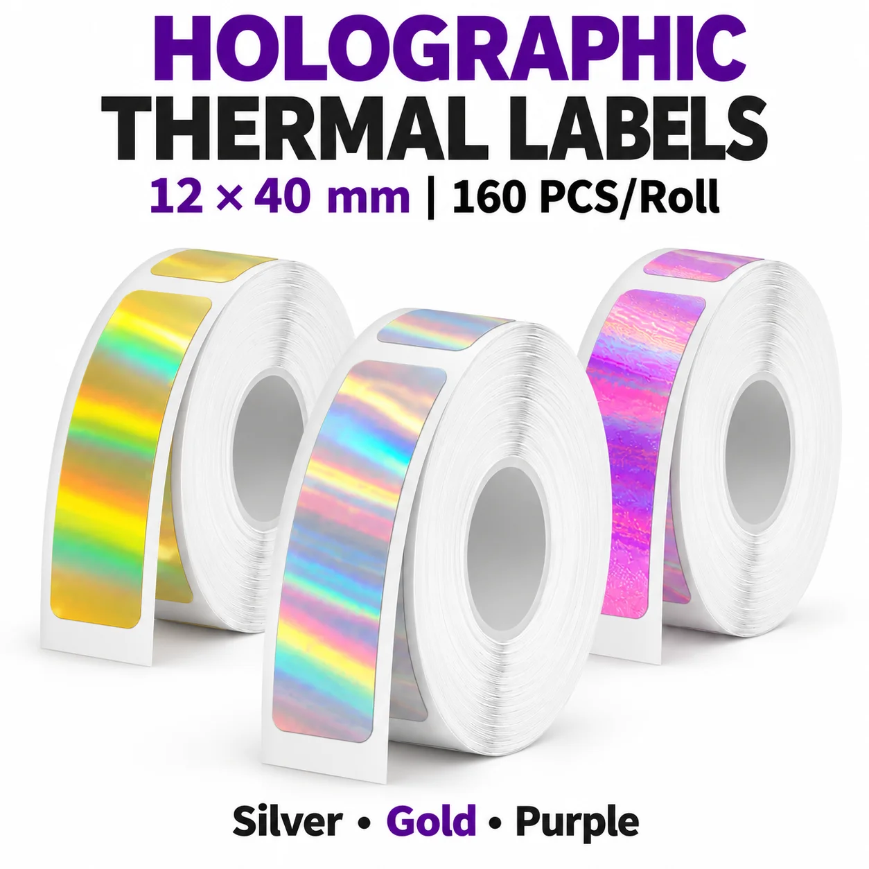 12x40mm Holographic Thermal Labels, Silver Gold Purple Self-Adhesive Refills for D30 D35 P11 P15, Halloween and Christmas Gifts