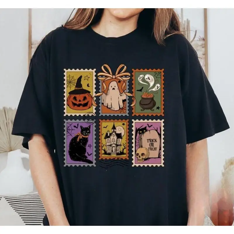 

Halloween Stamp Graphic T-Shirt Cute Spooky Vintage Oversized Tee Unisex Casual Top for Trick or Treat, Party or Fall Gift S-3XL