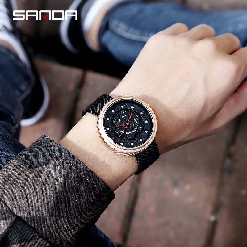 SANDA-reloj de cuarzo redondo para hombre, cronógrafo con pantalla analógica, resistente al agua, con correa de malla, ideal para regalo, 1043