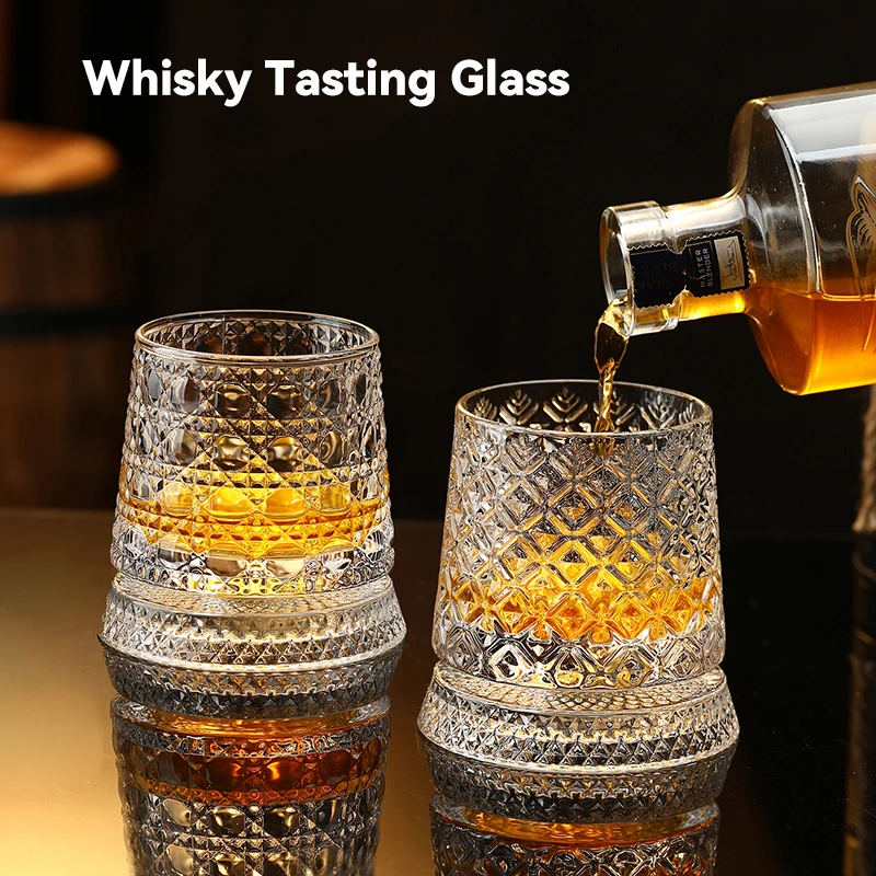 

Whiskey Glasses Rotating Whisky Glass with Glass Base 360 Rotate Degrees Crystal Rum Glass for Cocktail Party Drinking