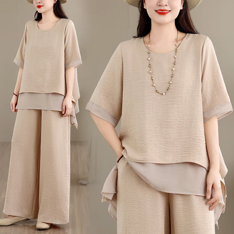 Retro Artistic Cotton Linen Set Women Summer New Style Loose Slimming Belly Covering Two-piece Set Casual Style Short Sleeve
