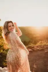 Gorgeous Dresses Women Robe V-Neck Sequins Backless Long Sleeve Maternity Dressing Shower Gown for Photography Custom Made