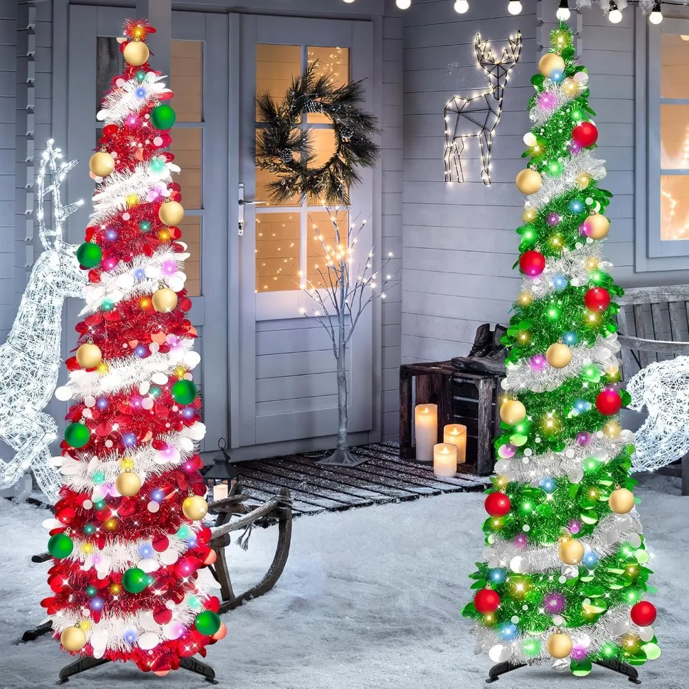 6 Ft Tinsel Christmas Trees - Artificial Christmas Tree ，Collapsible with Timer 100 Lights 15 Balls